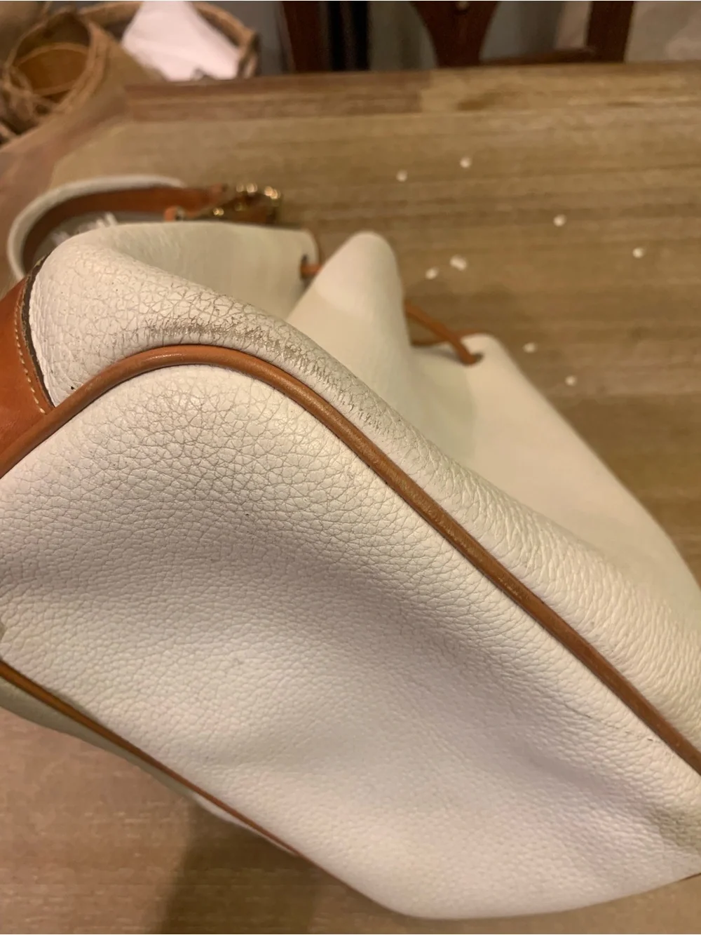 Vintage Dooney & Burke White and Brown Drawstring Bucket Bag with Tassel Accent - Picture 14 of 15